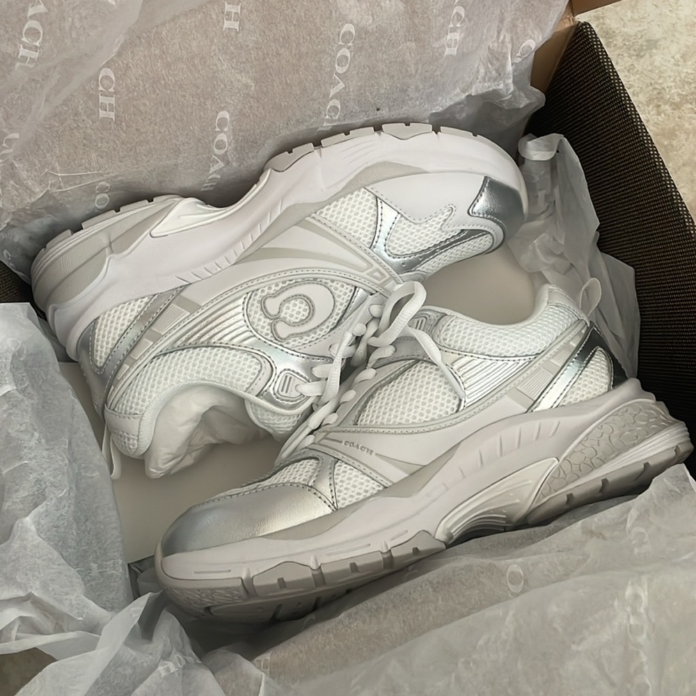 Coach Women's Metallic Mesh Sneaker, White/Grey, 6 - Picture 2 of 14